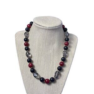 Vintage Monet Plastic Bead Necklace Red Black Translucent Grey Goldtone 17 inch